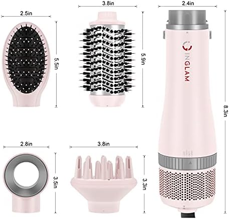 IG INGLAM 4 in 1 Blowout Hair Dryer Brush Set - Negative Ion Detachable Hair Dryer, Volumizer Styler with 2 Brush Heads, Pink