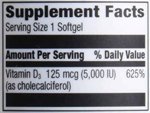 Amazon Elements Vitamin D3, 5000 IU, 180 Softgels, 6 Month Supply (Packaging May Vary), Supports Strong Bones and Immune Health (Pack of 2)