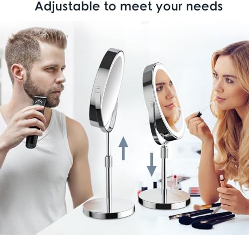 Makeup Mirror with Lights, Height & Brightness Adjustable Lighted Makeup Mirror with 10x Magnification, 8" Rechargeable Double Sided Vanity Mirror with 3 Colors Lights