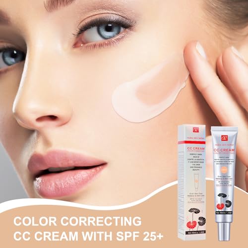 2 PCS Color Correcting CC Cream with Powder Puff 【SPF 25】, Light & Hydrating CC Cream Foundation with Centella Asiatica, Multi-Purpose for Even Skin Tone, Refine Skin Texture, SPF Protection (Light*2)