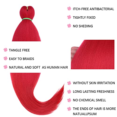 Leeven 26 Inch Red Pre Stretched Braiding Hair 8 Pack Braiding Hair Blue Braiding Hair Extensions For Braiding Crochet Hair (Red#)