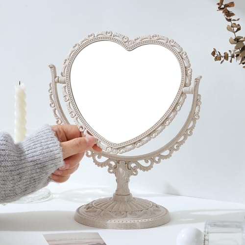 XPXKJ 7 Inch Vintage Heart Mirror - Elegant Desk Makeup Mirror with Double Sided 360 Degree Rotation Vanity Mirror for Coquette Room Decor (Beige 1pcs)