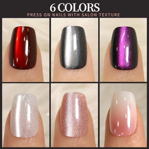 FANDAMEI Cat Eye Press On Nails, 6 Colors Press On Nails Short Square, Natural Fake Nails Fine Diamond Shine, Glossy Ombre, Cat Eye Press on Nails for Women with Salon Quality, Press on Nails Kit