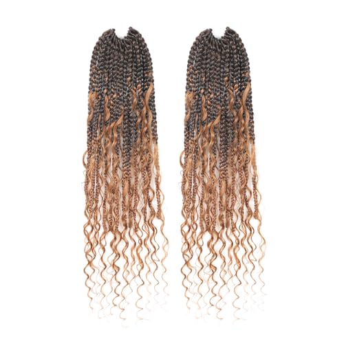 Toyotress Boho Box Braids With Human Hair Curls - 20 Inch 2 Packs (24 Strands) Handmade Pre-Looped Crochet Human Hair Boho Box Braids, Ombre Brown CrochetBraids Braiding Hair (20 Inch, T30-2P)