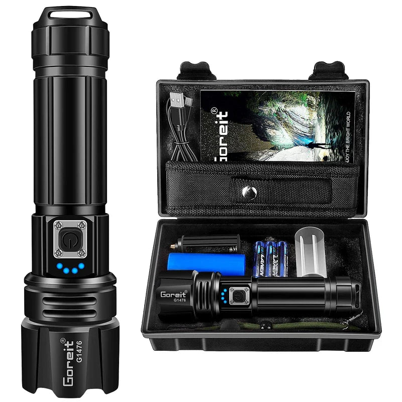 Goreit Flashlight High Lumens Rechargeable, 200000 Lumen Led Flashlights XHP70.2 USB Super Bright Flash Light Battery Powered, Powerful Handheld Flashlights for Emergencies Camping, IP67 Waterproof