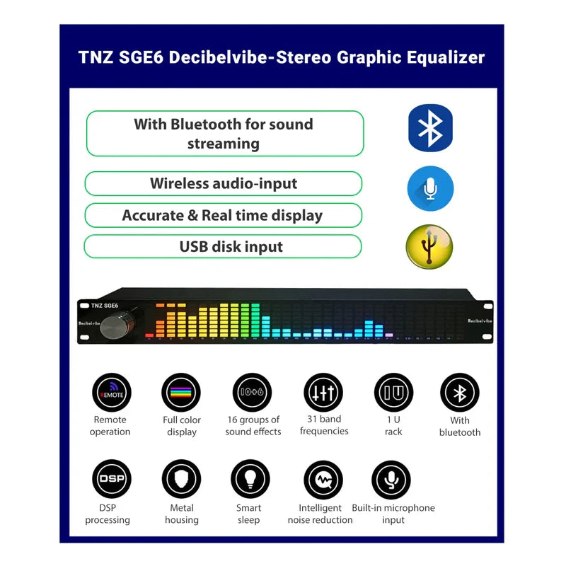Decibelvibe TNZ SGE6 - Audio Graphic Equalizer with Rear RCA/3.5 Auxiliary Input and Output, Built-in Microphone, USB and Bluetooth Input, Preamp for Home Audio, DJ, HiFi Audio Setup (Silver)