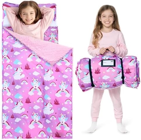 JOIEDOMI Toddler Nap Mat for Preschool 55''x30'' Sleeping Mat with Removable Pillow and Minky Blanket for Kids Ages 3-7 Roll Up Soft Kids Sleeping Bag for Boys Girls Kindergarten Daycare Sleepover