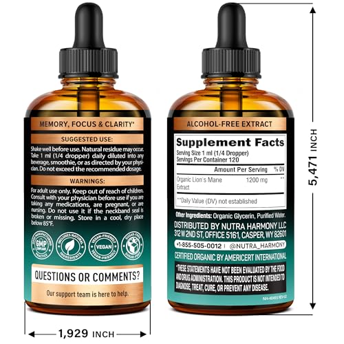 Lions Mane Liquid - USDA Certified Organic Lions Mane Supplement - Brain Support, Energy, Memory & Focus - Sugar & Alcohol-Free Lion's Mane Mushroom Extract 144,000 mg / Bottle, 4fl oz, 4 Month Supply