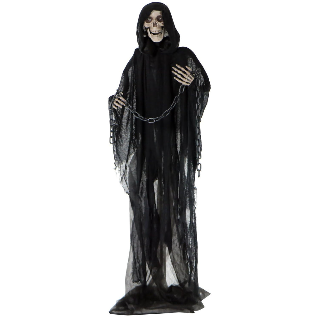 Haunted Hill Farm Life-Size Scary Grim Reaper with Chain, Halloween Animatronic with Touch Activated Lights and Sounds, Battery Operated Indoor or Covered Outdoor Halloween Decorations, Halloween Prop