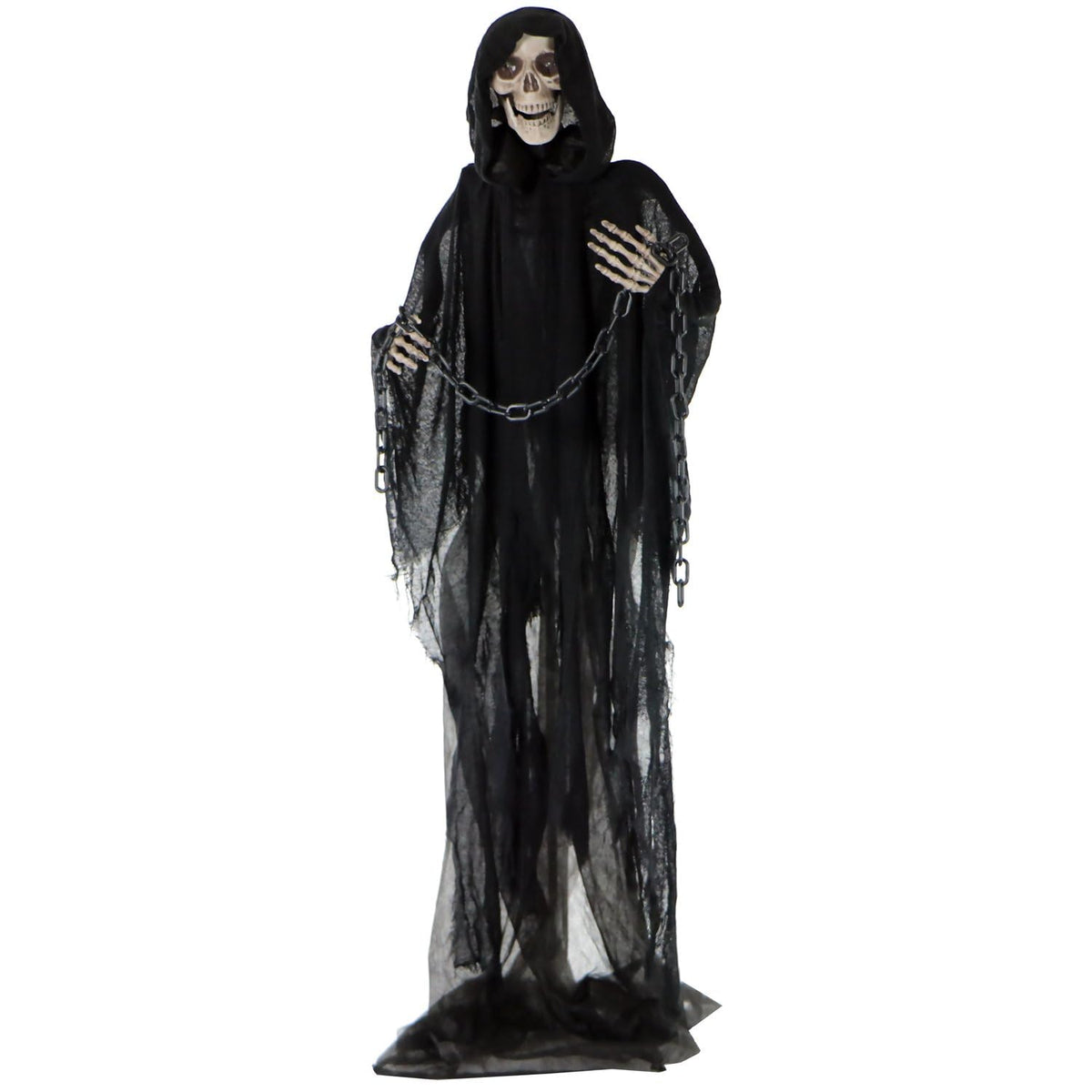 Haunted Hill Farm Life-Size Scary Grim Reaper with Chain, Halloween Animatronic with Touch Activated Lights and Sounds, Battery Operated Indoor or Covered Outdoor Halloween Decorations, Halloween Prop