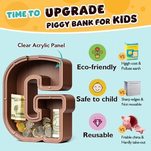 Summidate Wooden Letter Piggy Bank, Extra Thick Large Capacity Piggy Bank for Kids Boys Girls Toddler, Alphabet G Money Bank| Coin Box Birthday, Christmas, Festival