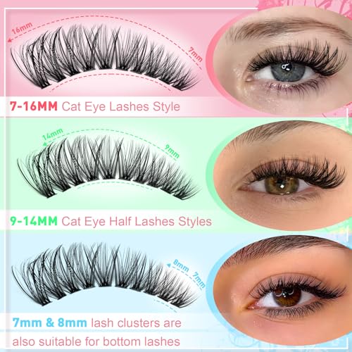 Lash Clusters Kit 50D 320 Pcs Individual Lashes Clusters Kit With Lash Bond and Seal and Eyelashes Tweezers 7-16 MM Cat Eye Wispy Eyelash Clusters D Curl Cluster Eyelash Extensions Kit