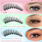 Lash Clusters Kit 50D 320 Pcs Individual Lashes Clusters Kit With Lash Bond and Seal and Eyelashes Tweezers 7-16 MM Cat Eye Wispy Eyelash Clusters D Curl Cluster Eyelash Extensions Kit
