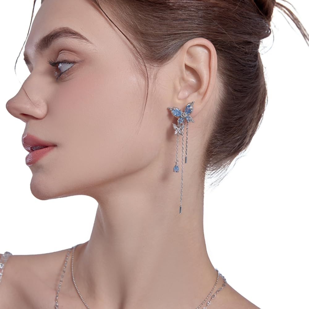 Delicate butterfly chain edge Stylish blue flexible butterfly earrings personality silver long dangle earrings for women M3179
