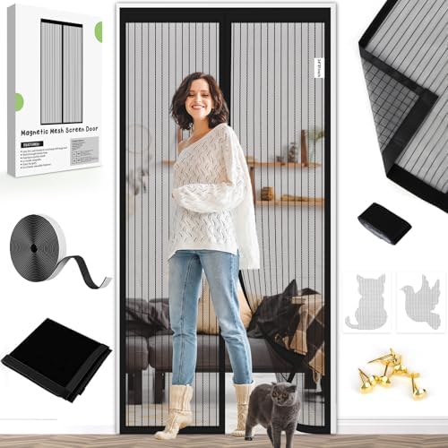 Magnetic Screen Door - Fit Door Size 32 x 80 Inch, Black Heavy Duty Mesh Curtain with Magnetic Closure, Bug Screen for Doorway, Pet Friendly Temporary Patio Door Screen (Screen Size 34"x81")