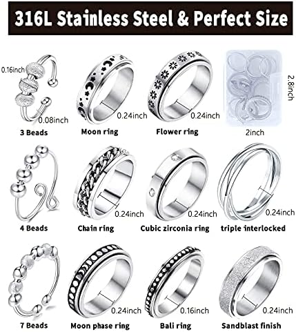 MUCAL Fidget Rings for Anxiety 8pcs Stainless Steel Spinner Ring Anti Anxiety Ring Spinning Moon Star Cool Stress Relieveing Rings for Women Men