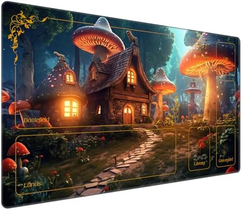 for MTG Playmat with Zones 24 x 14 inches for TCG Playmats Non-Slip Rubber Base Commander Play Mat for Magic The Gathering Playmat Iorcana Trading Card Game, A Magical Mushroom Village