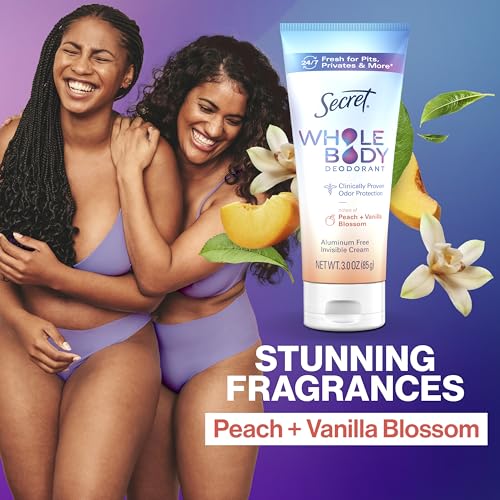 Secret Whole Body Deodorant Cream for Women, Peach & Vanilla Blossom Scent, Aluminum Free Deodorant, 72 HR Odor Protection, 3.0 oz