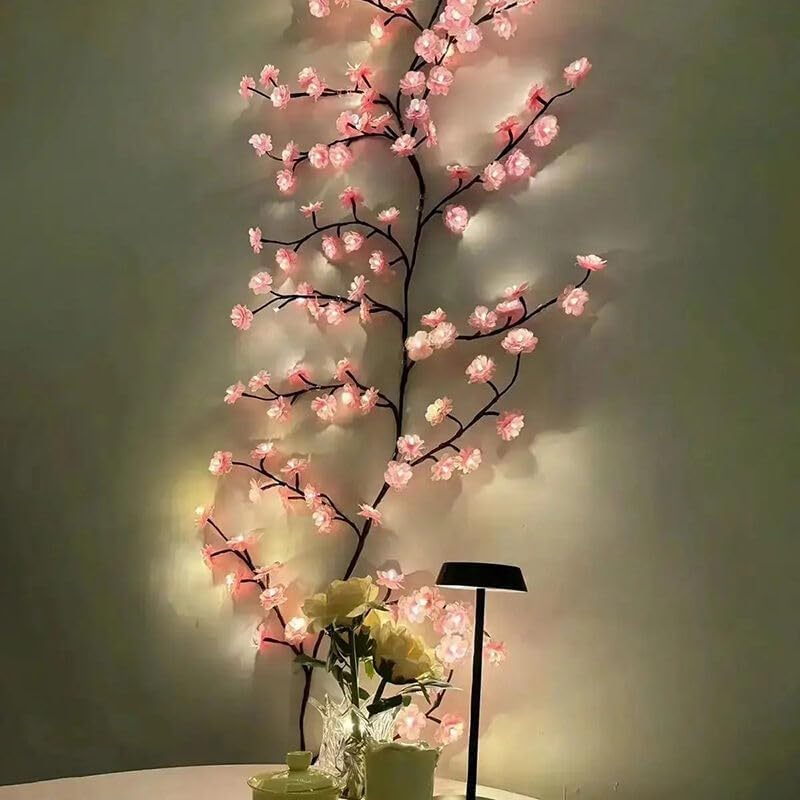 Cherry LED Tree Branch Lights for Wall, Cherry Blossom Willow Vine Twig Decor Garland with 48 LED Lights and Remote,8 Lighting Modes,Christmas Decorations Indoor for Home Wall Door Window (47inch)