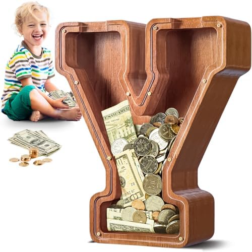 Summidate Large Wooden Piggy Bank for Kids Adults, Alphabets Letter A-Z Piggy Bank for Boys Girls, Coins Bills Change Bank Box Personalized Initial Name Kids Money Bank for Birthday Present and Decor