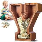 Summidate Large Wooden Piggy Bank for Kids Adults, Alphabets Letter A-Z Piggy Bank for Boys Girls, Coins Bills Change Bank Box Personalized Initial Name Kids Money Bank for Birthday Present and Decor