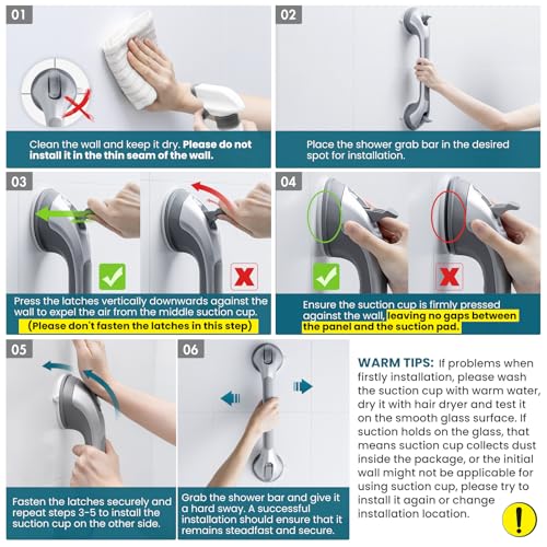TAILI Shower Grab Bar 2 Pack 16 Inch Suction Grab Bars for Bathtubs & Showers, Heavy Duty Shower Handle Removable Shower Handrails for Elderly and Seniors, No Drilling Waterproof, Silver