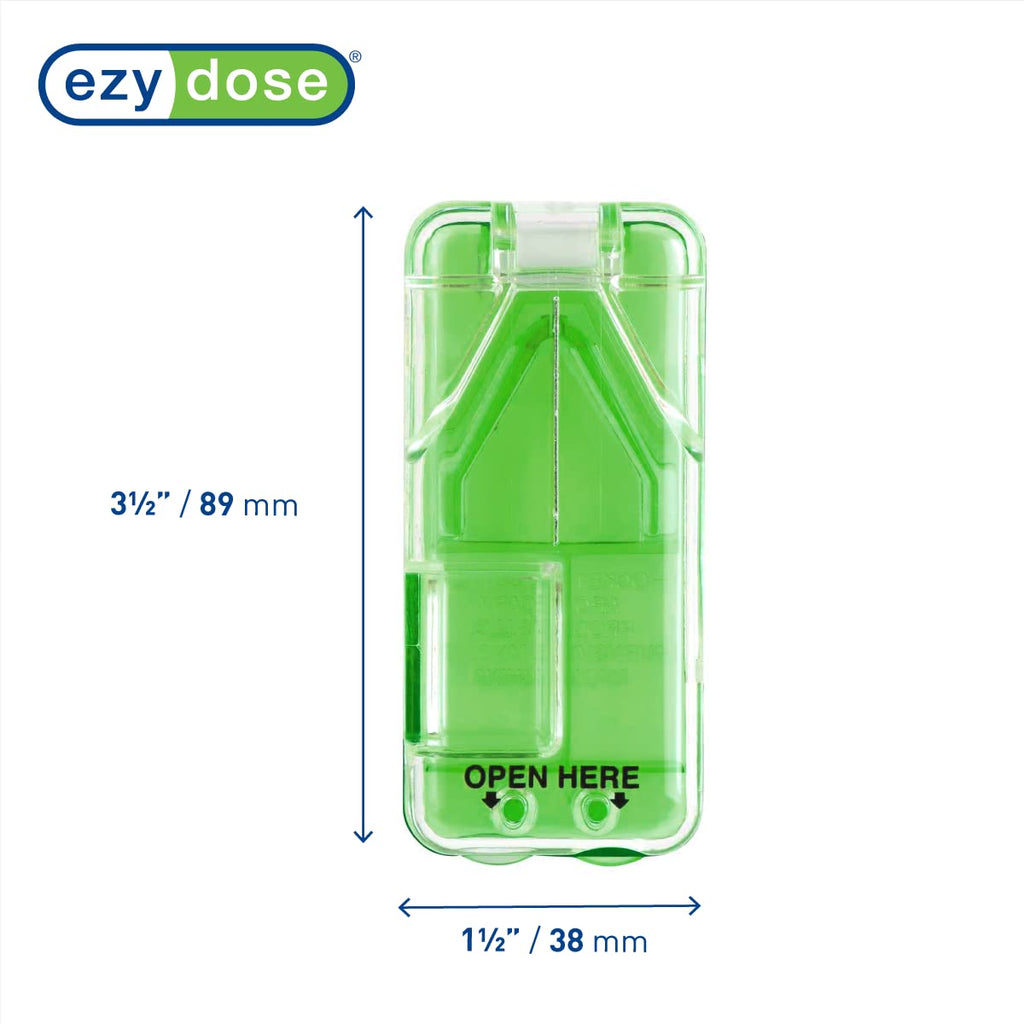 EZY DOSE Pill Cutter and Splitter with Dispenser, Daily Usage, Safely Cut Pills, Vitamins, Tablets in Half or Quarters, Accurate and Easy Cutting, Stainless Steel Blade, Travel Sized, Green, BPA Free