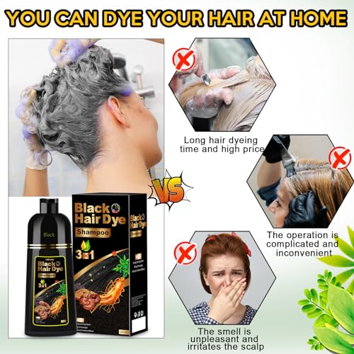 Hair Dye Shampoo 3 in 1, Herbal Shampoo Hair Dye for Women Men, Grey Coverage Shampoo 500ml (Black)