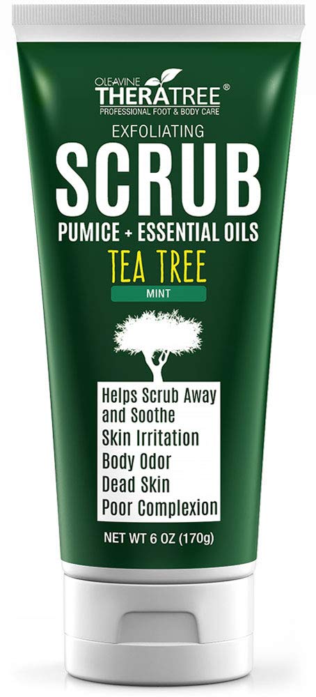 Oleavine TheraTree Tea Tree Oil Exfoliating Body Scrub - Deep Cleansing Foot & Body Charcoal Scrub with Peppermint, Spearmint & Neem - Soothing Exfoliator for Healthy-Looking Skin, 6 oz