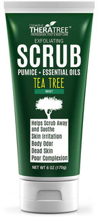 Oleavine TheraTree Tea Tree Oil Exfoliating Body Scrub - Deep Cleansing Foot & Body Charcoal Scrub with Peppermint, Spearmint & Neem - Soothing Exfoliator for Healthy-Looking Skin, 6 oz