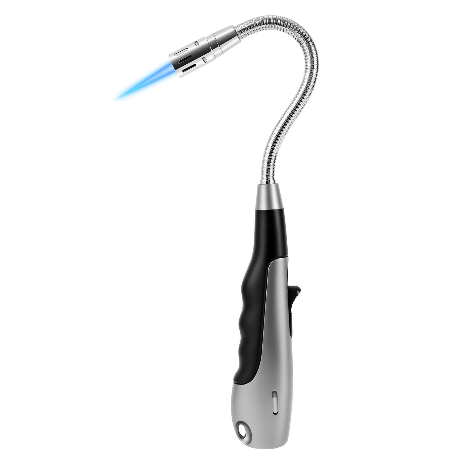 Butane Lighter Torch Long Jet Flame Windproof Lighter with Visual Fuel Window for Fireplace Kitchen Grill BBQ Camping, Black (No Butane Included)