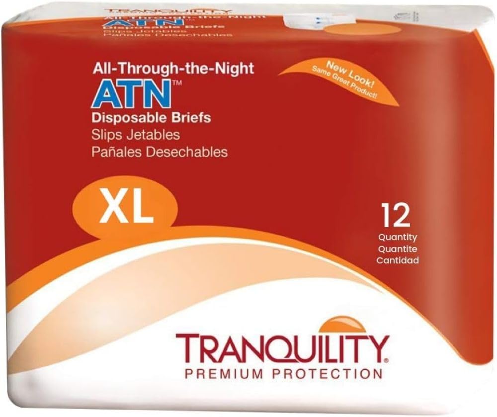 Tranquility Premium ATN Disposable Briefs with Tabs, Overnight Protection Superabsorbent Core for Leak-Free and Full-Fit Comfort, X-Large 72ct Case