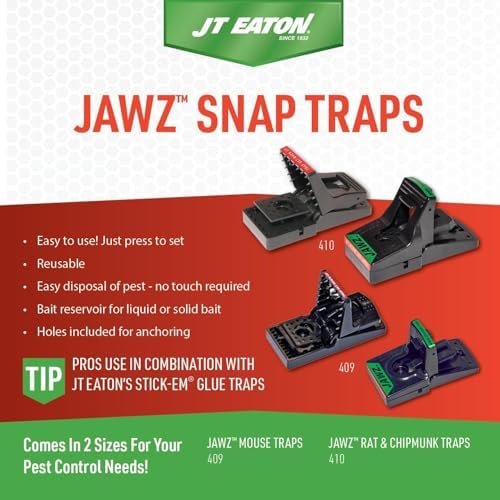 JT Eaton 409 Jawz Indoor Plastic Mouse Trap for Solid or Liquid Bait, Instant Kill Mouse Traps, No-Touch Disposal with Trap Set Indicator 6-Pack