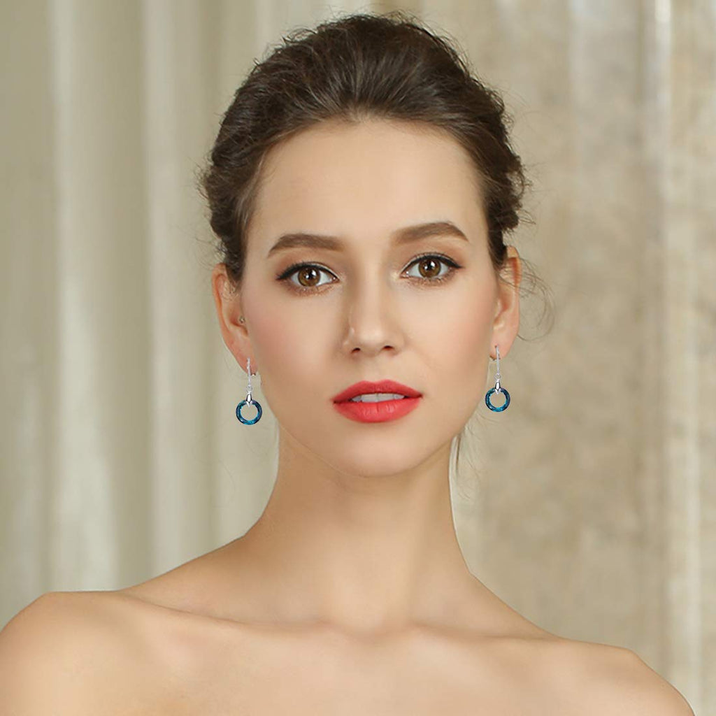 925 Sterling Silver Circle Earrings Austrian Crystal Leverback Earrings Jewelry Dangle Drop Earrings for Women (Bermuda Blue Crystal Earrings)