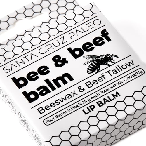 Santa Cruz Paleo Grass Fed Beef Tallow & Beeswax Lip Balm, 4 Pack, Beef Tallow for Skin Care Moisturizer, Lip Care for Dry Chapped Lips, Hypoallergenic for Sensitive Skin, Long Lasting & Vitamin Rich