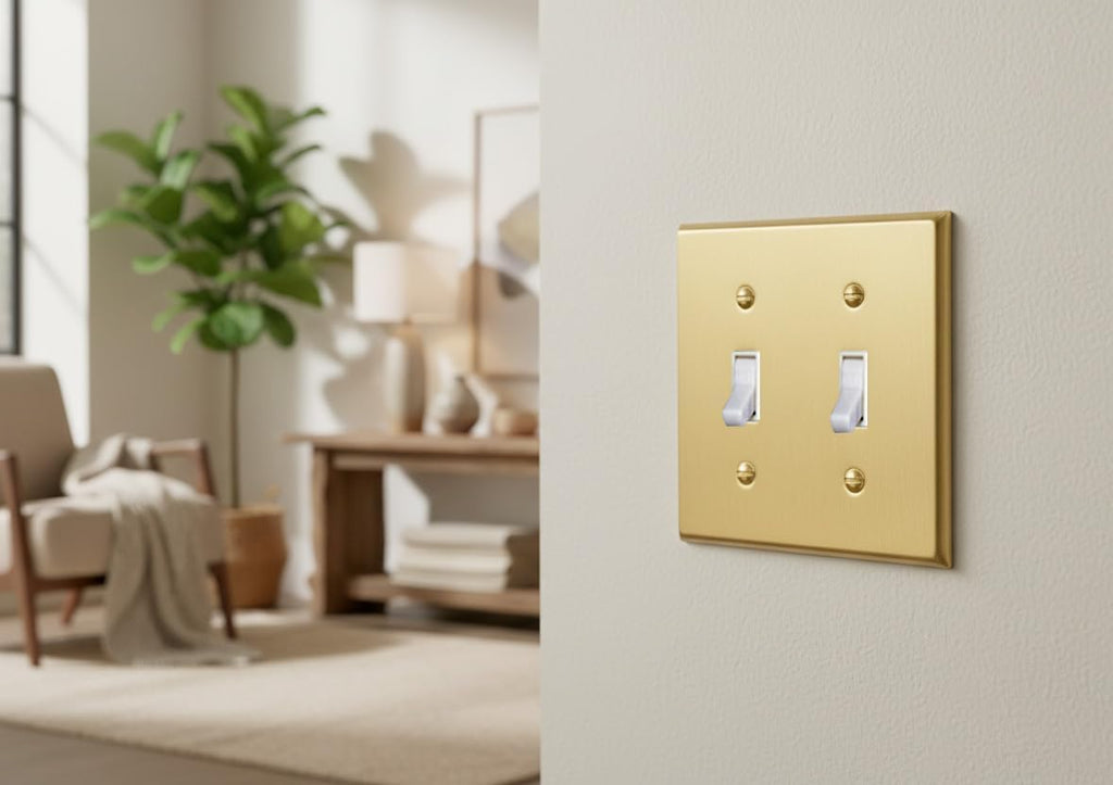 Rio Salto MIDSIZE BRASS Signature Collection Decorative Brushed Brass Gold Metal Outlet Covers, Light Switch Cover Plate, Premium Wall Plate Covers, 2-Gang Double Toggle Flip Switch 5" x 4.94", 1-Pack