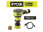 RYOBI USB Lithium Compact Scrubber Kit with 2.0 Ah Battery, USB Charging Cord, and 2 in. Medium Bristle Brush, Green