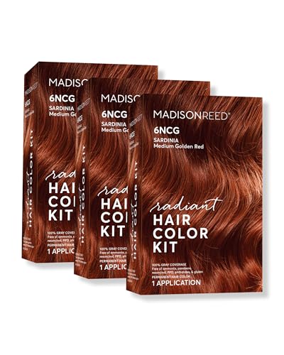 Madison Reed Radiant Hair Color Kit, Medium Amaretto Red for 100% Gray Coverage, Ammonia-Free, 6NCG Sardinia Red, Permanent Hair Dye, Pack of 3