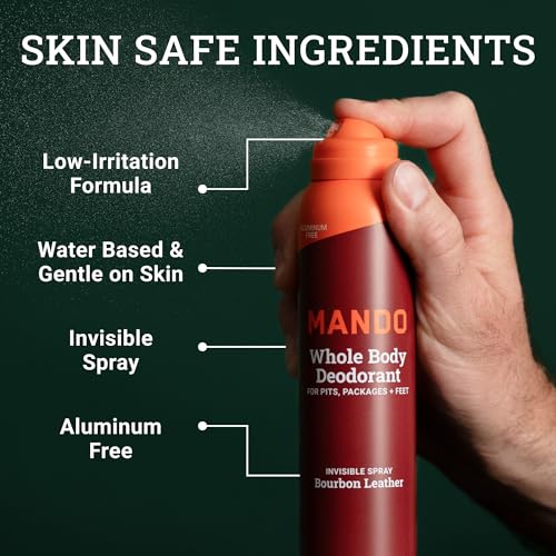 Mando Whole Body Deodorant For Men - Invisible Spray Deodorant - 72 Hour Odor Control - Low Irritation Formula - Aluminum Free, Benzene Free - 3.6 ounce Cans (Pack of 2) - Bourbon Leather