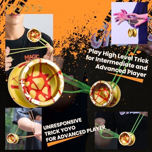MAGICYOYO V3 Dual Purpose Metal Yoyo for Kids 8-12 & Adults, Responsive Yoyo Professional and Unresponsive Yo yo for Adults, Trick Yo-yo with 12 Strings, Bearings & Carry Case（Golden Red Splash）