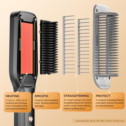 Hair Straightener Brush, Negative Ion Flat Iron & Straightening Comb 2 in 1 with Convenient Comb, Fast Heating, Anti-Scalding, 30s Fast Heating, 5 Temp Settings 284℉ - 392℉ (Gray)