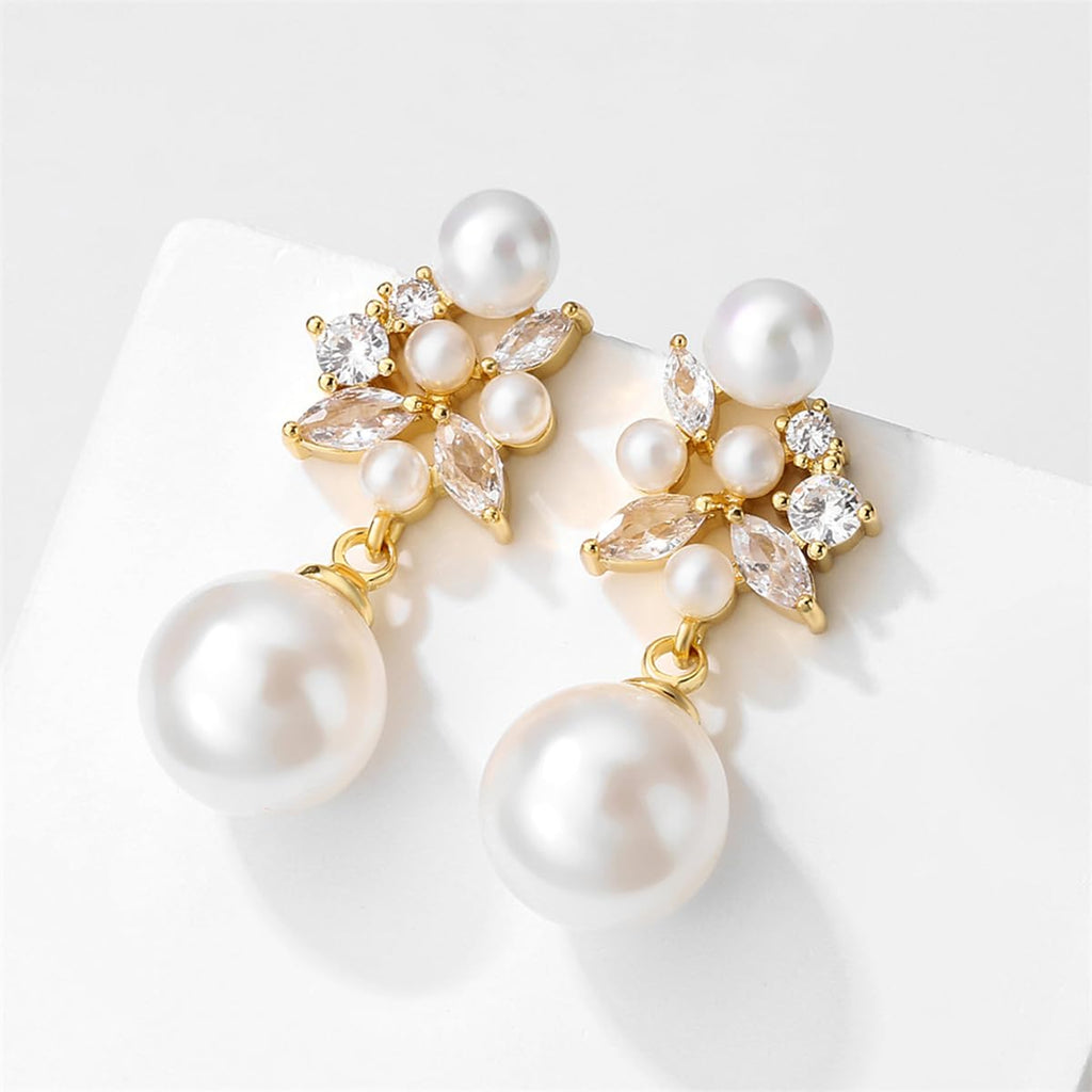 LEMOXIVI Gold Plated Pearl Drop Dangle Earrings for Women, Pearl Wedding Earrings for Brides Dangling, CZ Bridal Earrings for Wedding Bridesmaids, Prom Jewelry Gifts, Style3-Gold