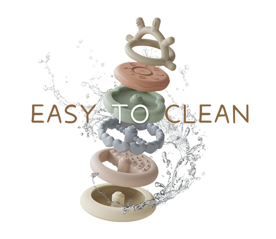 Moonkie Stacks of Circles Soft Teething Toy | Educational Learning Baby Toy | Stacking Ring Toys for Babies Boy and Girl | 7 Piece Teethers Set (Nature)