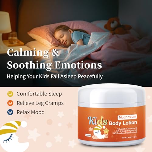 Magnesium Lotion For Kids & Babies, Bedtime Magnesium Cream For Sleep, Leg Cramps, Unscented Calming Magnesium Oil Lotion For Bone & Muscle Relaxation, Apply to Feet, Legs, Body, 4 OZ.
