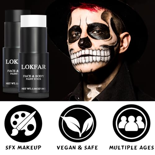 Black and White Face Paint Halloween Makeup Kit Professional, White Foundation Makeup Eye Black Stick, Black White Face Makeup for Halloween Zombie Clown Vampire Skeleton Skull Joker Makeup