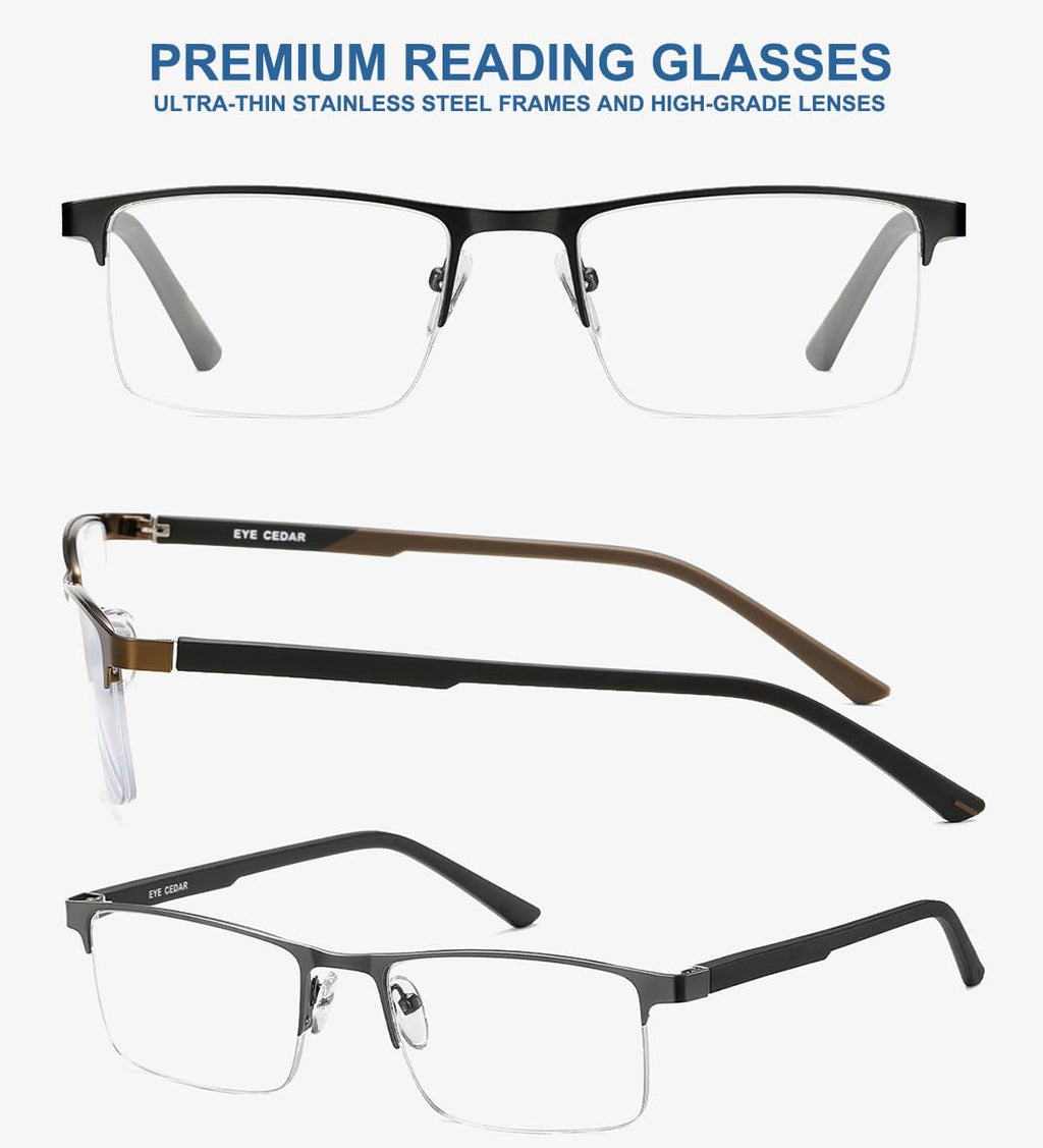 EYECEDAR 5 Pack Premium Blue Light Blocking Reading Glasses Men Metal Half Frame Spring Hinges Computer Readers for Men and Women 1.75