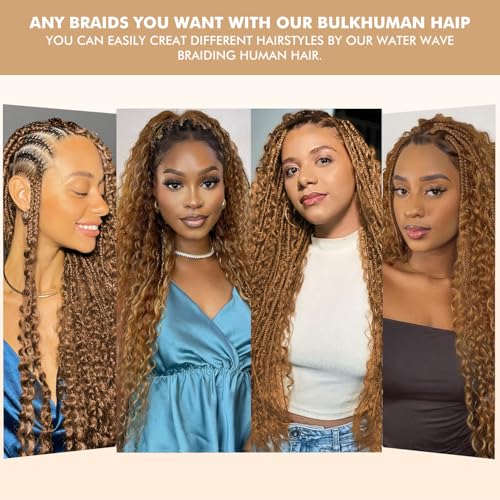 Blonde Human Braiding Hair for Boho Braids 1 Bundle 55g 18 Inch #27 Deep Wave Bulk Human Boho Hair for Braiding No Weft Bundle 100% Brazilian Virgin Hair Extensions Curly for Boho Knotless Braids