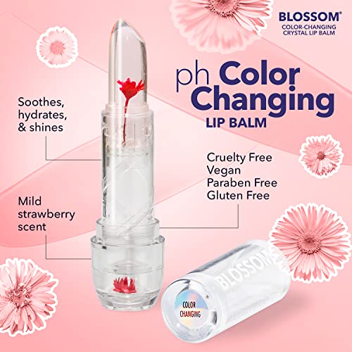 Blossom Moisturizing Scented pH Color Changing 2 pack, Strawberry Scented Crystal Lip Balm (Red), Shimmer Sparkle Lip Stain Tint (Blush), Infused with Real Flowers, 6g, Red/Blush