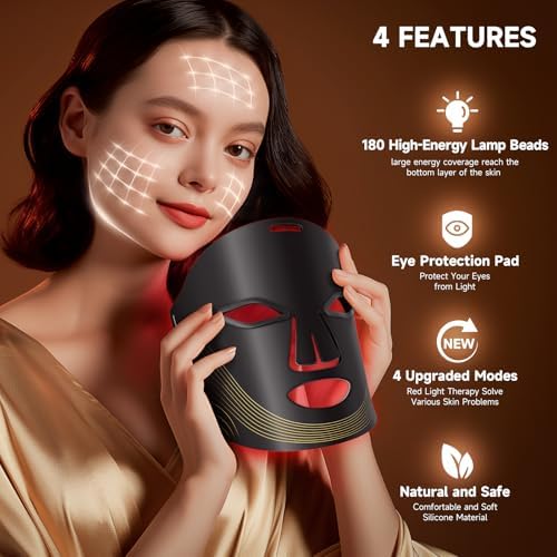 Red Light Therapy for Face, 4 Modes Led Face Mask Light Therapy with Timer Function, Near-Infrared 850 Mask with 180 LED Beads for Home and Travel Skin Care