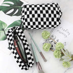 3 Pcs Makeup Bag Cosmetic Bag Set for Girls Women Checkered Travel Organizer Bathroom Toiletry Pouch Large Capacity Storage Bag (Black-White)